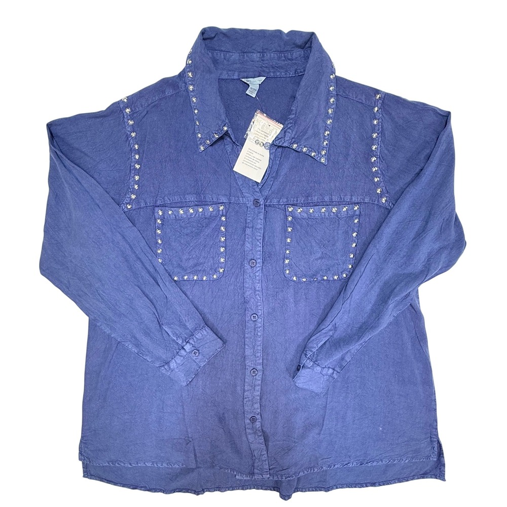 Cato Womens Blue Studded Rayon Button Down Shirt Long Sleeve Plus Size 18/20W